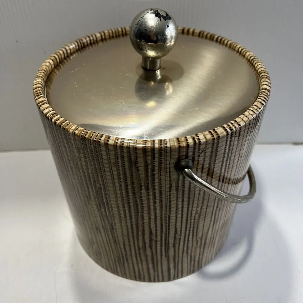Vintage MCM Kraftware Ice Bucket ︱ Barware ︱Brown Stripes︱
